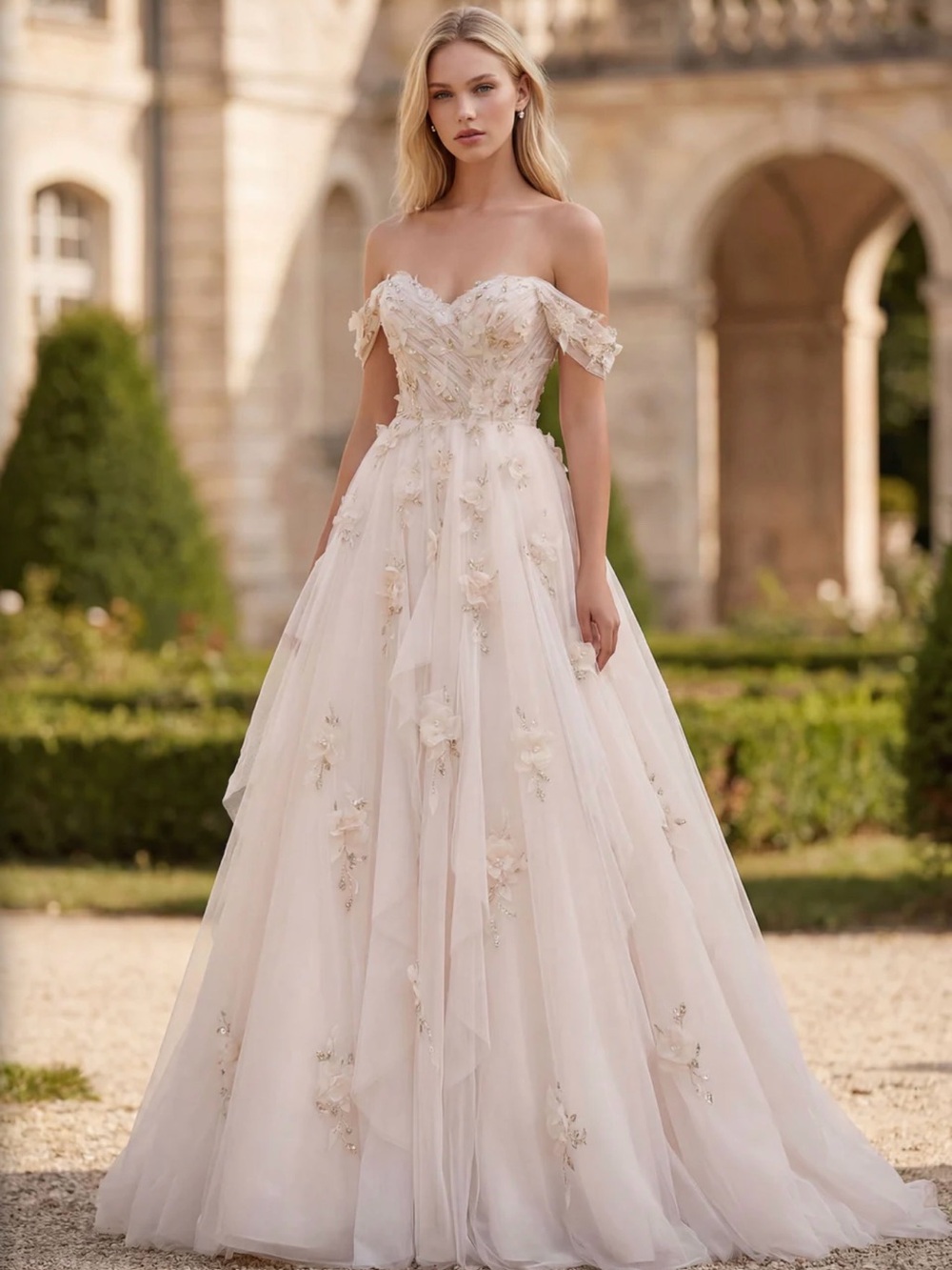 Mori Lee Petal Off-Shoulder Ivory Floral Embellished Wedding Gown